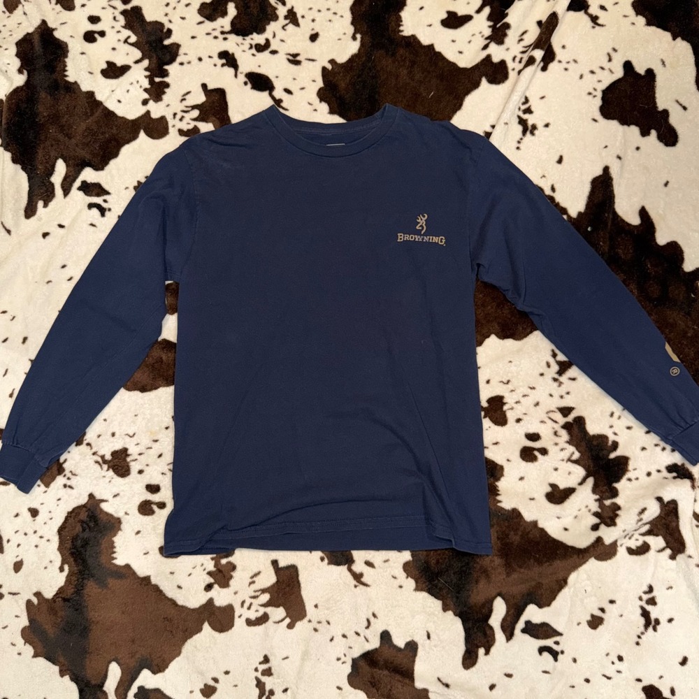 Browning Long Sleeve T-Shirt Mens Medium Navy Blue Camo Flag Graphic Gorpcore